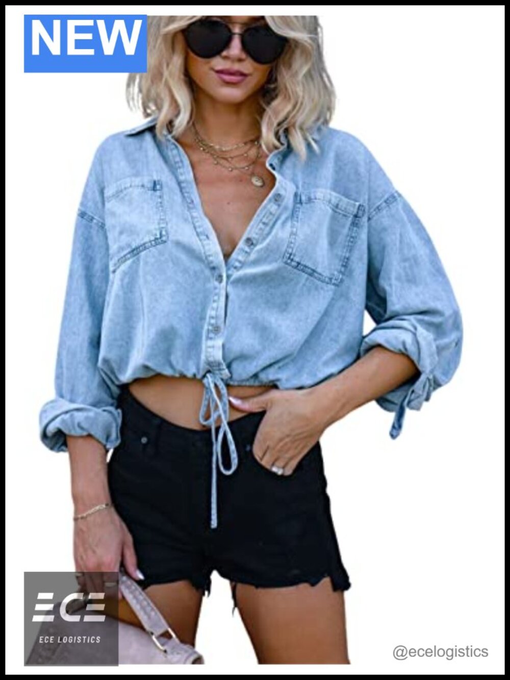 Women's Oversized Crop Denim Button Down Shirt 100% Cotton Drawstring Hem